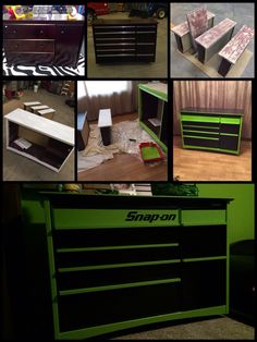 several photos of different types of furniture in various stages of being painted green and black