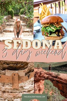 This pictures is about Sedona Arizona. It shows the devils bridge, a burger, a girl at a winery, and a cliff dwelling! Sedona Birthday Trip, Best Sedona Restaurants, Downtown Sedona Arizona, Sedona Places To Stay, Sedona Food, Sedona Travel Guide, Sedona Restaurants