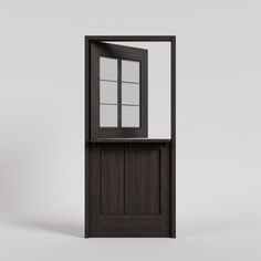 an open door with a glass window on the top and bottom half, in front of a white background