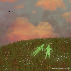 a painting of two people walking through a field with flowers and birds flying overhead in the sky