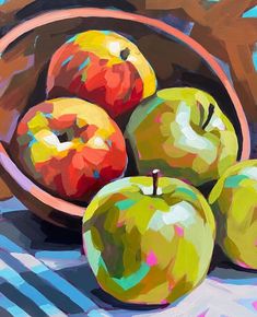 an oil painting of apples in a bowl