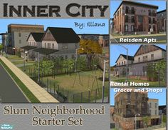 an image of a neighborhood set for the game inner city by lilland, which includes several residential and commercial buildings