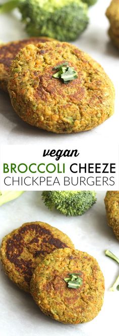 broccoli cheeze chickpea burgers on a white surface with text overlay