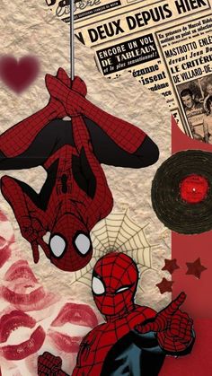 spider - man collage with newspaper, record player and paper cutouts in the background