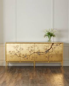 Sideboard Gold, Dogwood Tree, John Richard Collection, Dining Room Sideboard, John Richard, Asian Inspired, Beveled Glass, Engineered Hardwood, Brushed Brass