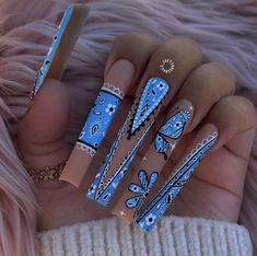 Blue Paisley Nails, Paisley Nail Art, Blue Emojis, Best Press On Nails, Long Square Nails, Nail Board, Punk Nails, Long Acrylic Nail Designs