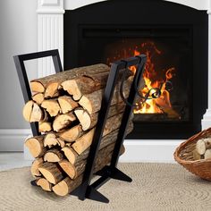 a pile of logs sitting in front of a fire place next to a basket filled with logs