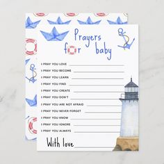 a prayer card with an image of a lighthouse and origami boats on it