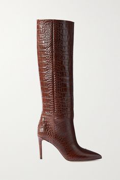 Elevate any outfit with Paris Texas' 'Stiletto' knee boots. They're crafted from glossy croc-effect leather with a wide barrel shaft and pointed toes. Their sleek shape works perfectly with tailoring. Long Brown Boots Outfits, Crocodile Boots, Crocs Boots, Leather Knee Boots, High Leather Boots, Paris Texas, Trending Boots, Business Shoes, Glass Slipper