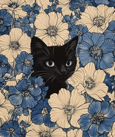 a black cat peeking out from between blue and white flowers on a floral pattern background