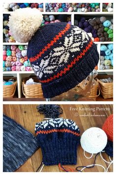 two pictures of hats and yarns on the floor with text overlay that says free knitting pattern