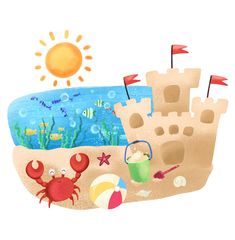 sand castle with crab, beach ball and umbrella on the ocean floor next to it