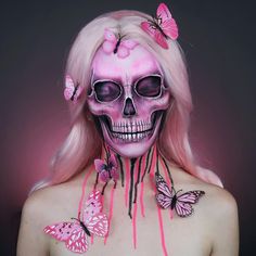 Super Mario Bros Makeup, Theatrical Makeup Special Effects, Pink Halloween Makeup Looks, Colorful Skeleton Makeup, Pink Skeleton Makeup, Make Up Halloween Mujer, Colorful Skull Makeup, Pink Skull Makeup, Pink Halloween Makeup