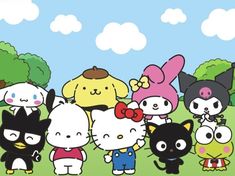 hello kitty and other cartoon characters standing together