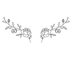 two flowers with leaves on each side and one flower in the middle, drawn by hand