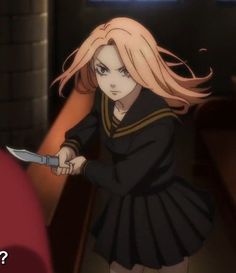 an anime character holding a knife in her hand