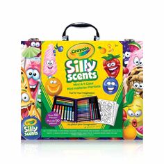 an assortment of silly fruits and vegetables in a suitcase with markers on the inside,