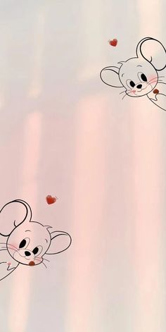 two cartoon mouses flying through the air with hearts in their mouths and one on its back