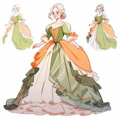 a drawing of a woman in a green and orange dress with flowers on the skirt