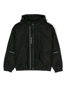 black recycled nylon stripe detailing classic hood logo print to the front long sleeves elasticated cuffs chest welt pocket two side inset pockets elasticated hem front zip fastening Hooded Rain Jacket, Upcycled Materials, Sport Style, Boys Jacket, Rain Wear, Wash Bags, Sport Fashion, Welt Pocket, Logo Print