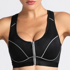 New With Tags, Size 34c, Zip Front Black Activewear With Medium Bust Support And High Stretch, Black Compression Sports Bra With Built-in Padding, High Stretch Black Sports Bra With Built-in Padding, Black High Stretch Sports Bra With Built-in Padding, Fitted Black Sports Bra With Medium Bust Support, Black Gym Activewear With Medium Bust Support, Breathable Black Sports Bra, High Impact Sports Bra, Racerback Sports Bra