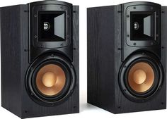 two speakers are shown side by side on a white background, one is black and the other is brown