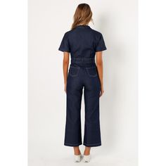 Introducing the perfect addition to your casual wardrobe: our Denim Jumpsuit! With its V-neckline, collared neckline and short sleeves with rolled cuffs, this jumpsuit is sure to become your new go-to. Fitted Denim Jumpsuit With Pockets And Short Sleeves, Relaxed Fit Denim Jumpsuit With Short Sleeves And Pockets, Cotton Denim Jumpsuit With Short Sleeves, Summer Denim Jumpsuit With Button Closure And Short Sleeve, Cotton Short Sleeve Jumpsuits And Rompers With Button Closure, Short Sleeve Denim Jumpsuit For Work, Casual Denim Jumpsuit With Short Sleeves, Casual Short Sleeve Denim Jumpsuit With Relaxed Fit, Casual Denim Jumpsuit With Short Sleeves And Relaxed Fit