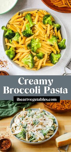 creamy broccoli pasta in a bowl with cheese and parmesan on the side