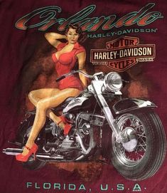 a woman sitting on top of a motorcycle wearing red high heels and a t - shirt that says harley davidson