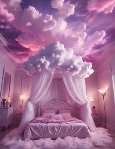 a bedroom with a canopy bed and clouds painted on the ceiling above it in shades of pink