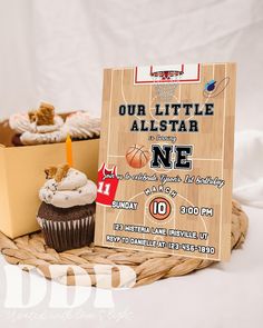 a basketball themed birthday party with cupcakes and a sign that says, our little allstar ne