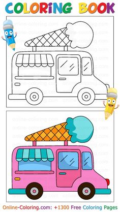 the coloring book for kids with an ice cream truck and cartoon characters on it's side