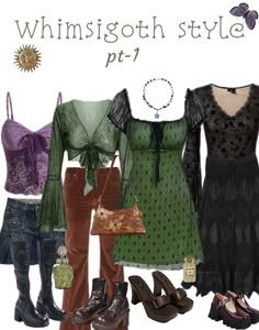 Soft Whimsigoth Aesthetic, Whimsigoth Beach Outfit, Whimsigoth Green Outfit, Whimsigoth Lookbook, Gothic Outfits Ideas, Whimgoth Outfit, Whimsigoth Capsule Wardrobe, Whimsigoth Outfits Pants, Whimsigoth Winter Outfits