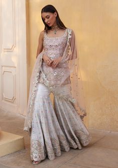 Ivory and rosepink mirror gharara set Ivory Gharara, Mirror Work Sharara, Strappy Kurta, Gharara Designs, Wedding Reception Outfit, Desi Fits, Raw Silk Lehenga, Reception Outfit, Diwali Outfits