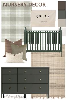 Nursery decor mood board for a baby boys room! Cute outdoorsy nursery idea with brown and green tones Nursery Ideas For Boys, Modern Baby Boy Nursery, Green Baby Nursery, Tilly Upholstered Bed, Green Boys Room, Decor Mood Board, Baby Boys Nursery