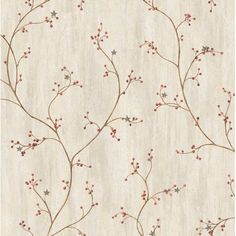 a beige wallpaper with red berries and leaves on the bottom, in front of a white background