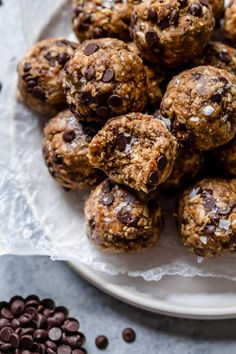 chocolate chip energy bites on a white plate