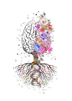 a watercolor drawing of a human head with flowers and roots on the top of it