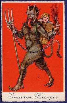 an old fashioned card with a devil holding a child on it's back,