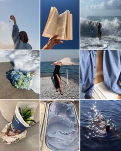 a collage of photos with water and people in the ocean, one holding an open book