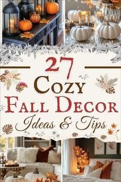 the cover of cozy fall decor ideas and tips book with pumpkins, candles and other decorations