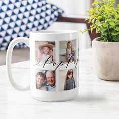 a white coffee mug with four photos of people on it and the words papa's written in cursive font