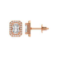 This rose gold Classic Radiant Diamond Halo Earrings made with a radiant-cut solitaire diamonds set in a four prong setting in top view and side view Radiant Cut Diamond Earrings, Diamond Halo Earrings, Halo Diamond Earrings, Halo Earrings, Halo Earrings Studs, Vs Diamond, Radiant Diamond, Diamond Charm, Diamonds And Gold