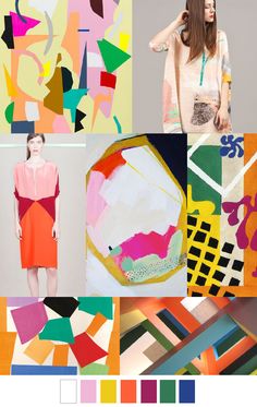 a collage of photos with different colors and patterns on it, including an orange dress