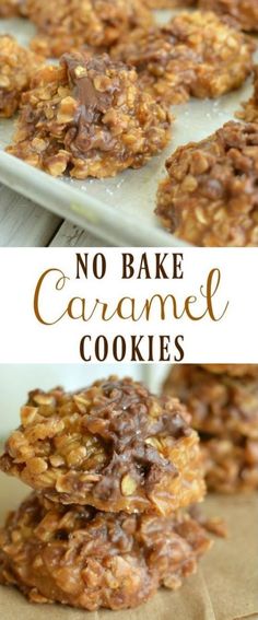 no bake caramel cookies are stacked on top of each other and ready to be eaten