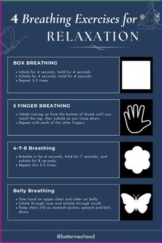 Unwind and relax with these 4 soothing breathing exercises! From deep belly breaths to calming box Bedtime Breathing Exercises, Tips For Relaxing, Deep Breathing Techniques, Mindful Breathing Exercises, Relaxing Breathing Techniques, Meditation Breathing Techniques, Sleep Breathing Exercises, Calming Breathing Techniques, Deep Relaxation Techniques