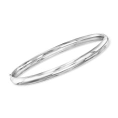 Ross-Simons - 5mm 14kt White Gold Polished Bangle Bracelet. 7". Polished to a high shine, this 14kt white gold bangle bracelet is an essential style in a bright hue. Enhance your enduring collection with this glossy must-have statement. Hinged with an extension bar safety. Push-button clasp, 14kt white gold bangle bracelet. Classic White Gold Bangle With Sterling Silver Clasp, Classic Sterling Silver Diamond Cut Bangle, Classic Sterling Silver Diamond Cut Bangle Bracelet, Classic Stackable Sterling Silver Bracelet, Formal Oval Sterling Silver Bangle, Classic White Gold Bangle With Diamond Cut, Classic White Gold Diamond Cut Bangle, White Gold Bangle With Sterling Silver Clasp For Anniversary, Formal Oval Sterling Silver Bracelet With Polished Finish