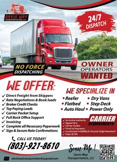 a flyer for a trucking company with an image of a red semi - truck