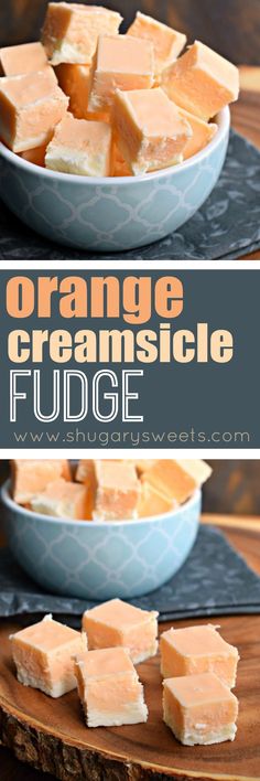 orange creamsice fudge in a blue bowl