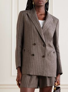 BLAZÉ MILANO Havana Everynight double-breasted pinstriped linen blazer Porter Bag, Summer Style Guide, Flat Dress Shoes, Dress Flats, Business Suit, Sports Suit, Linen Blazer, Everyday Wardrobe, Jeans Dress